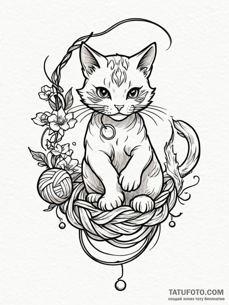 Tattoo design a small, mischievous cat playin... - эскиз тату (№1752659131_0, 16.07.2025 09:45) — Tatufoto.com