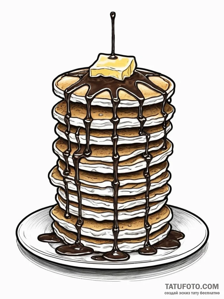 A stack of fluffy pancakes with syrup drippin... - эскиз тату (№1752659214_0, 16.07.2025 09:46) — Tatufoto.com
