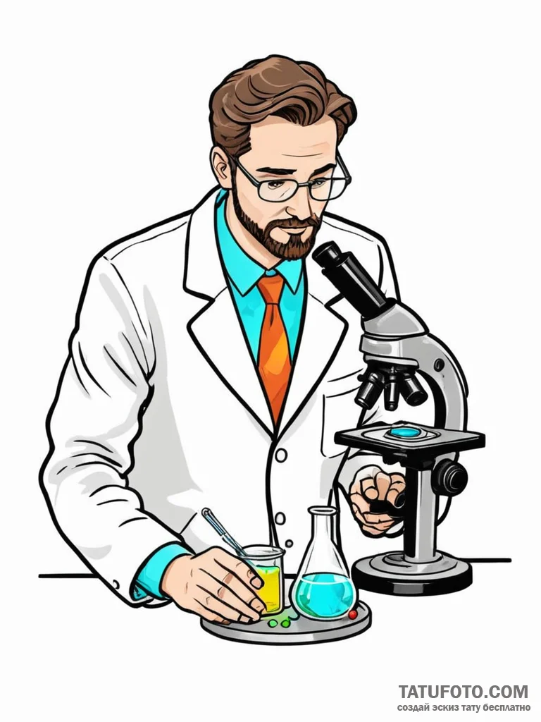 A scientist in a lab coat, looking at a petri... - эскиз тату (№1752661109_0, 16.07.2025 10:18) — Tatufoto.com