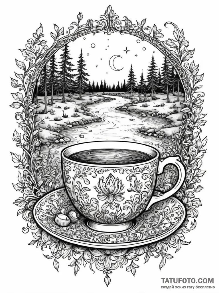 A graphic novel panel of the "teacup" scene f... - эскиз тату (№1752663806_0, 16.07.2025 11:03) — Tatufoto.com