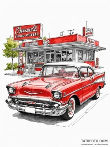 A classic, cherry red 1957 chevrolet bel air... - эскиз тату (№1752664085_0, 16.07.2025 11:08) — Tatufoto.com