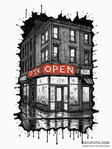 A neon "open" sign glowing in a window on a d... - эскиз тату (№1752664328_0, 16.07.2025 11:12) — Tatufoto.com