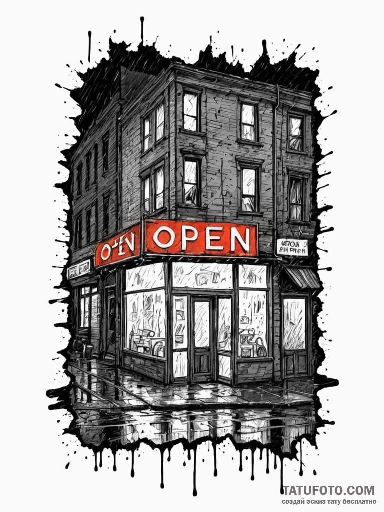 A neon "open" sign glowing in a window on a d... - эскиз тату (№1752664328_0, 16.07.2025 11:12) — Tatufoto.com
