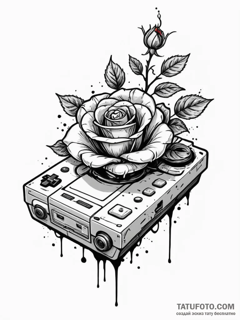 Tattoo sketch a vintage video game console wi... - эскиз тату (№1752664409_0, 16.07.2025 11:13) — Tatufoto.com