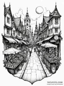 Tattoo design a vibrant market street from a... - эскиз тату (№1752666608_0, 16.07.2025 11:50) — Tatufoto.com