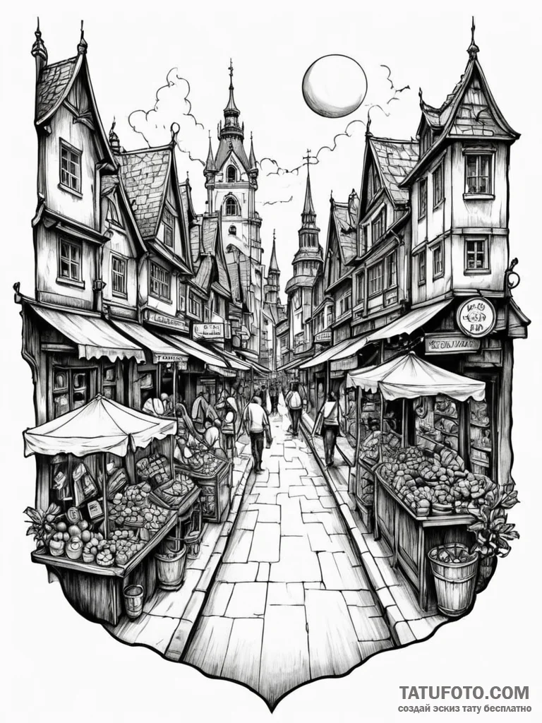 Tattoo design a vibrant market street from a... - эскиз тату (№1752666608_0, 16.07.2025 11:50) — Tatufoto.com