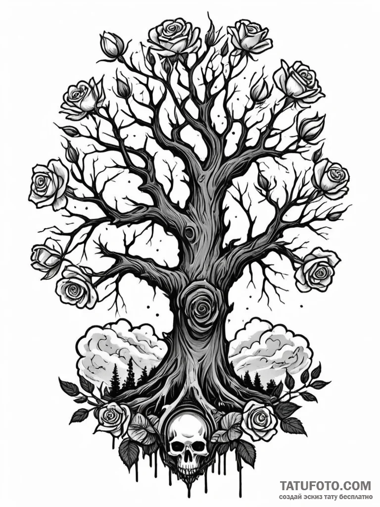 A silhouette of a gnarled, dead tree against... - эскиз тату (№1752667003_0, 16.07.2025 11:56) — Tatufoto.com