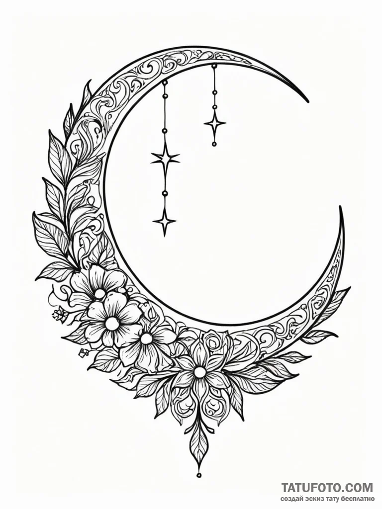 Tattoo sketch a crescent moon on one, a tiny... - эскиз тату (№1752667867_0, 16.07.2025 12:11) — Tatufoto.com