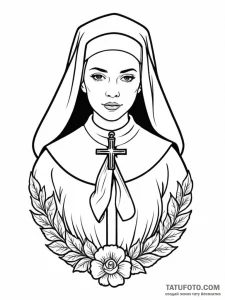 Nun, tattoo drawing outline, on a clean white... - эскиз тату (№1752670003_0, 16.07.2025 12:46) — Tatufoto.com