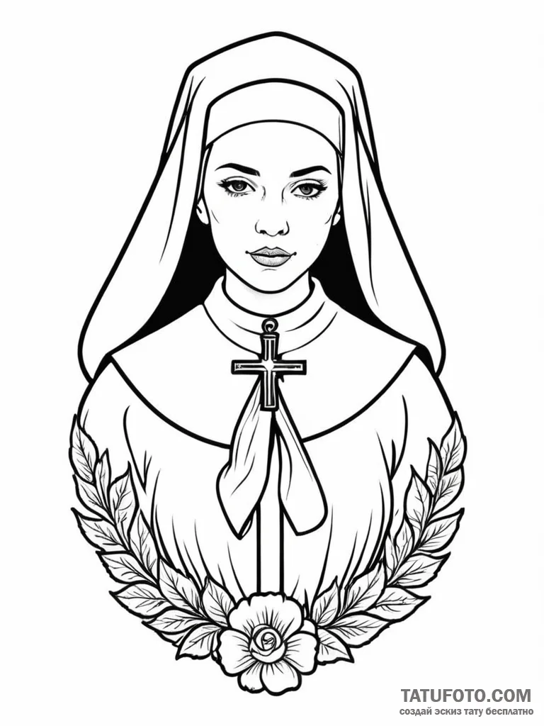 Nun, tattoo drawing outline, on a clean white... - эскиз тату (№1752670003_0, 16.07.2025 12:46) — Tatufoto.com