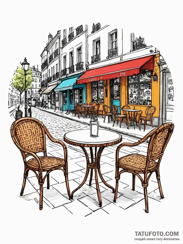 A charming parisian street cafe, with wicker... - эскиз тату (№1752670080_0, 16.07.2025 12:48) — Tatufoto.com