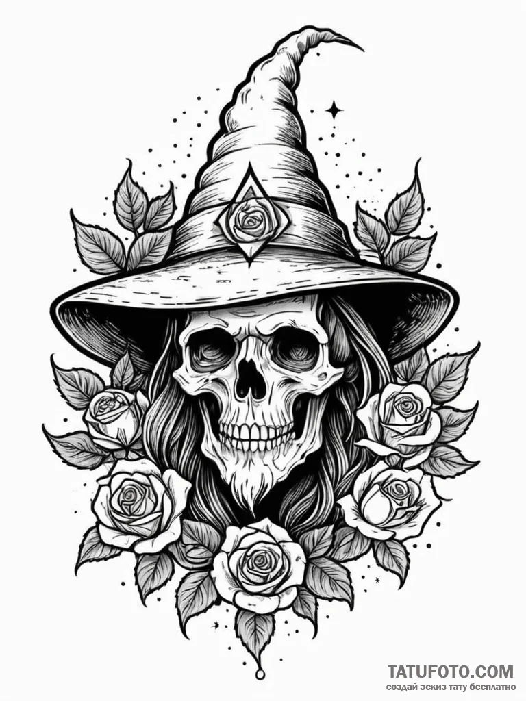 Tattoo sketch a wise old wizard's hat with gl... - эскиз тату (№1752670784_0, 16.07.2025 12:59) — Tatufoto.com