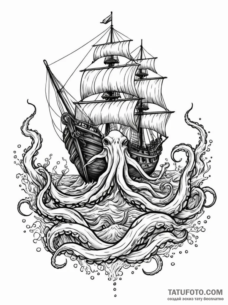 A graphic novel style depiction of the kraken... - эскиз тату (№1752670862_0, 16.07.2025 13:01) — Tatufoto.com