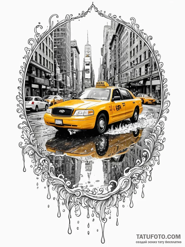 A yellow taxi cab speeding through a puddle i... - эскиз тату (№1752671093_0, 16.07.2025 13:04) — Tatufoto.com