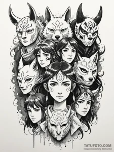 A linework design of the different masks worn... - эскиз тату (№1752671627_0, 16.07.2025 13:13) — Tatufoto.com