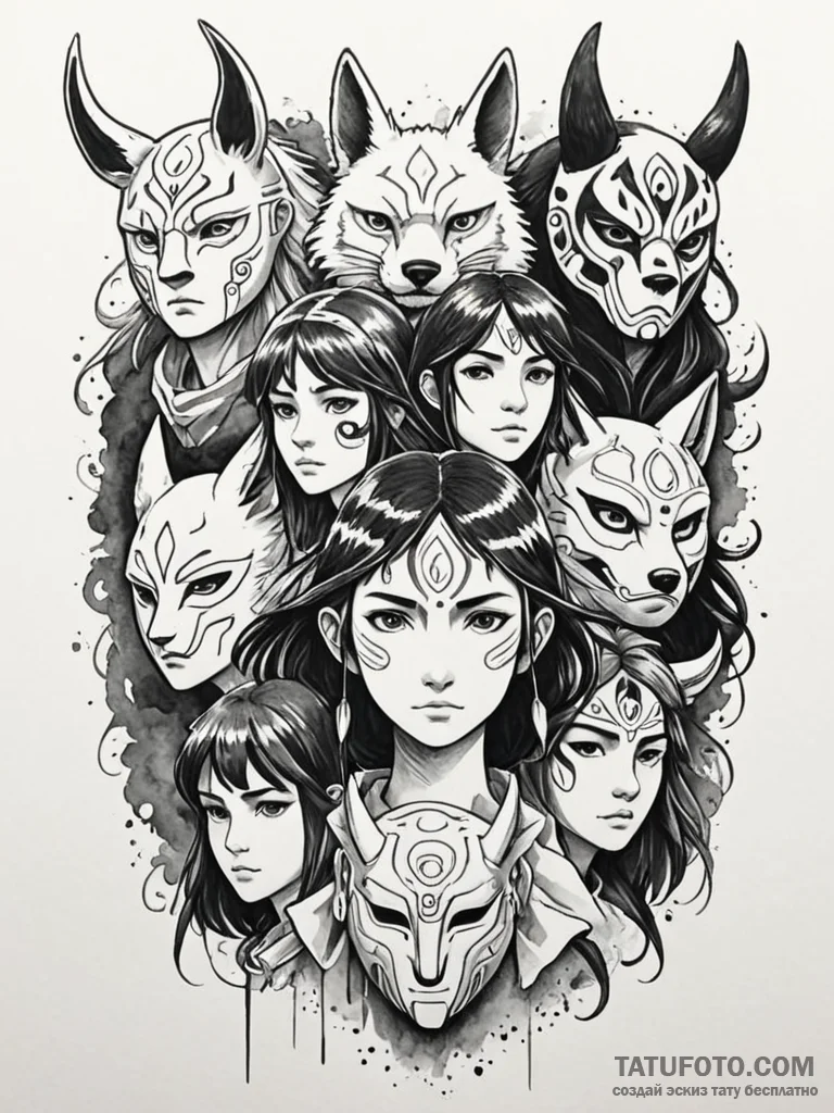 A linework design of the different masks worn... - эскиз тату (№1752671627_0, 16.07.2025 13:13) — Tatufoto.com