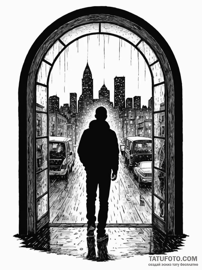 A silhouette of a person standing in a large,... - эскиз тату (№1752672017_0, 16.07.2025 13:20) — Tatufoto.com