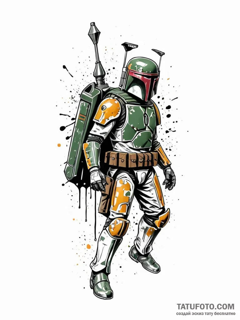 Trash polka style tattoo of boba fett in acti... - эскиз тату (№1752672407_0, 16.07.2025 13:26) — Tatufoto.com