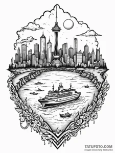 A ferry crossing a body of water with a city... - эскиз тату (№1752673182_0, 16.07.2025 13:39) — Tatufoto.com