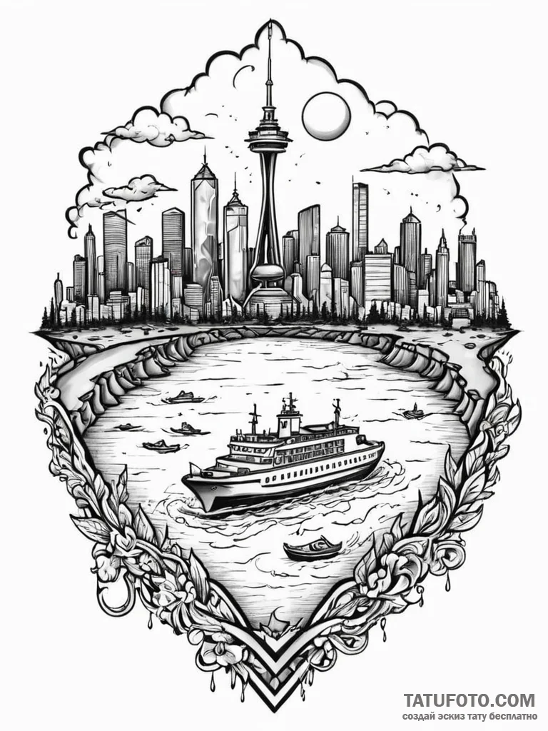A ferry crossing a body of water with a city… — эскиз тату (№1752673182_0, 16.07.2025 13:39) — Tatufoto.com