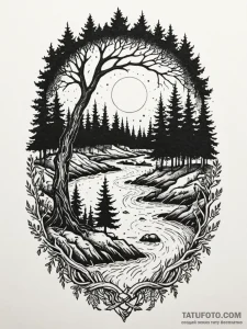Tattoo design: a dark, mystical forest scene... - эскиз тату (№1752673258_0, 16.07.2025 13:40) — Tatufoto.com