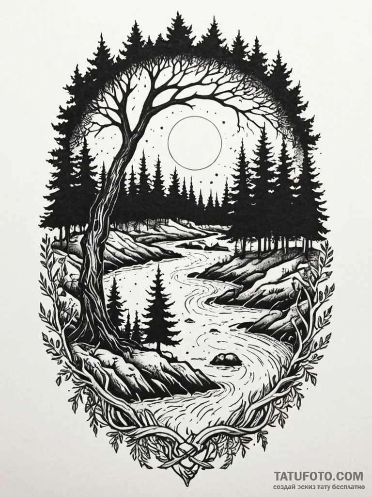 Tattoo design: a dark, mystical forest scene... - эскиз тату (№1752673258_0, 16.07.2025 13:40) — Tatufoto.com