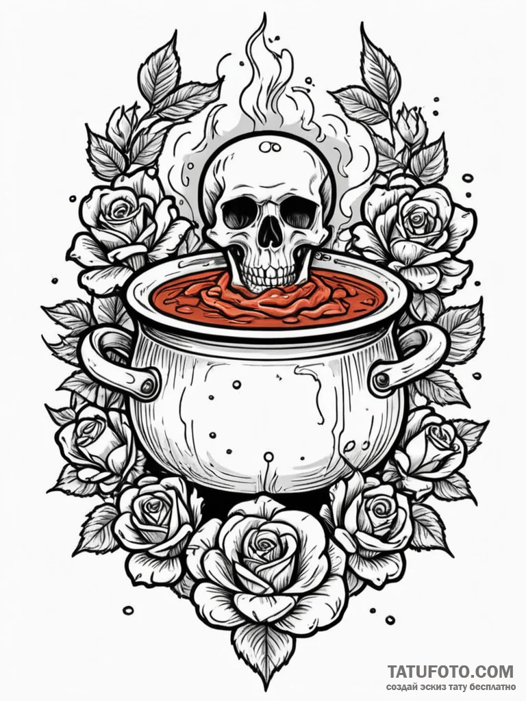 A close-up of a bubbling pot of tomato sauce… — эскиз тату (№1752675000_0, 16.07.2025 14:10) — Tatufoto.com