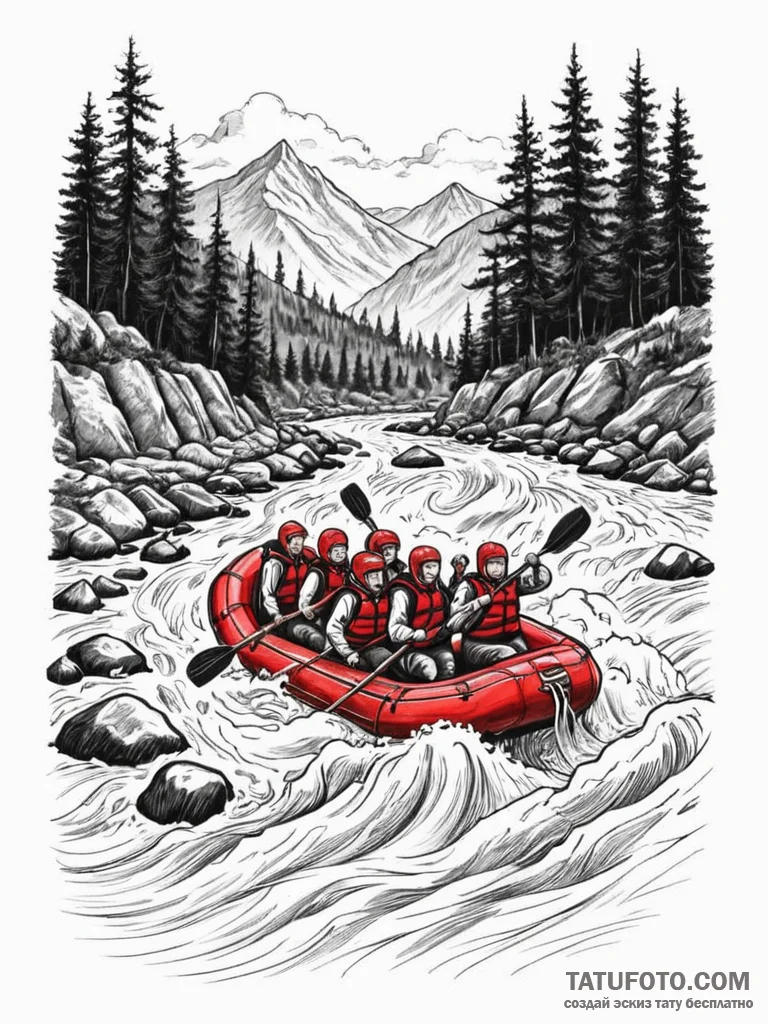 A person white water rafting down a turbulent... - эскиз тату (№1752675476_0, 16.07.2025 14:17) — Tatufoto.com