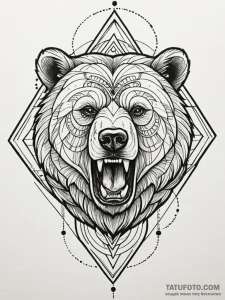Tattoo sketch a bear's head roaring, with tri... - эскиз тату (№1752675712_0, 16.07.2025 14:21) — Tatufoto.com