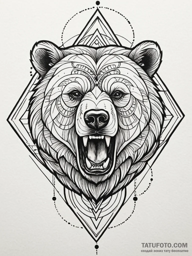 Tattoo sketch a bear’s head roaring, with tri… — эскиз тату (№1752675712_0, 16.07.2025 14:21) — Tatufoto.com