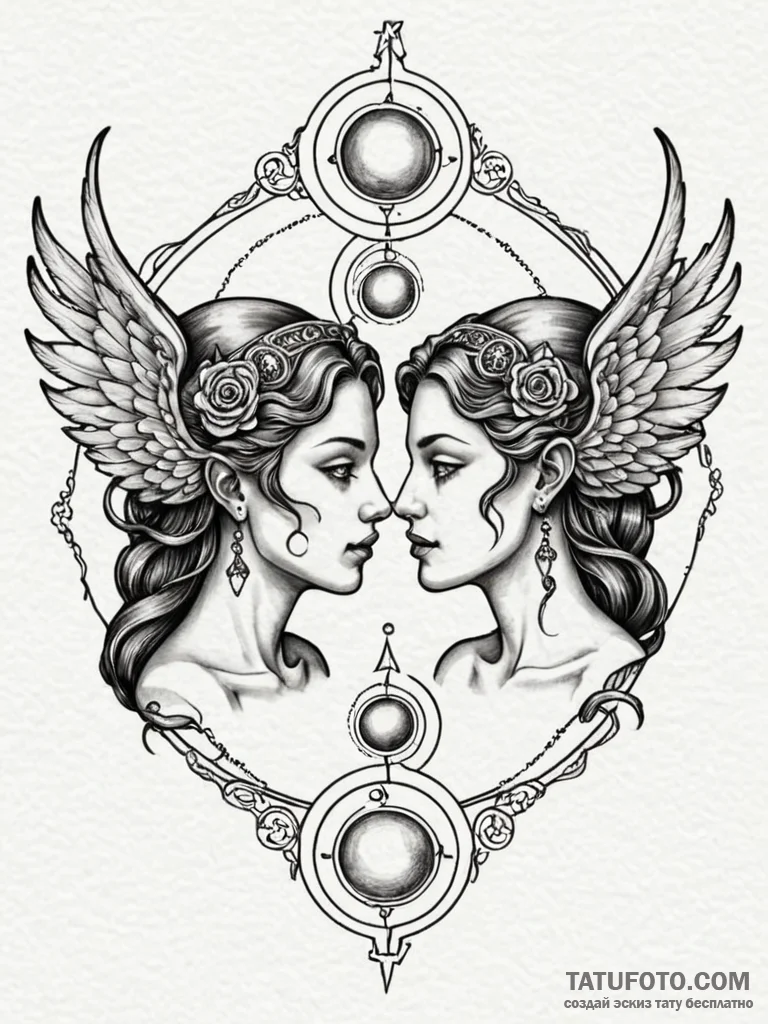 Tattoo sketch gemini twins, one with mercury’… — эскиз тату (№1752676667_0, 16.07.2025 14:37) — Tatufoto.com