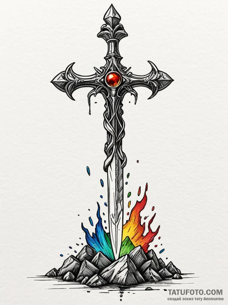 A linework tattoo of excalibur being pulled f… — эскиз тату (№1752676825_0, 16.07.2025 14:40) — Tatufoto.com