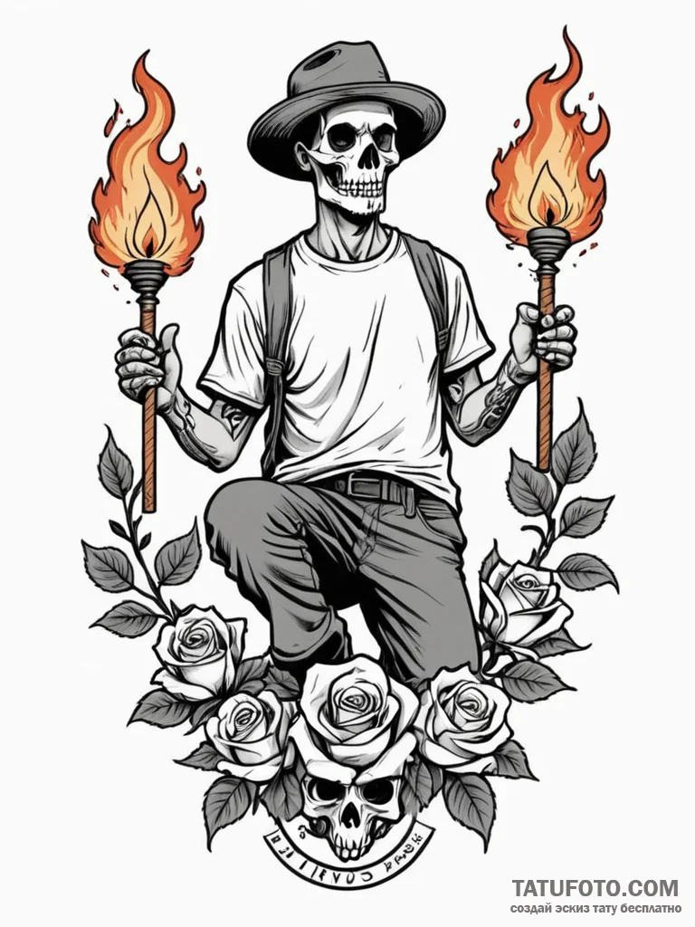 A street performer juggling flaming torches a... - эскиз тату (№1752677284_0, 16.07.2025 14:48) — Tatufoto.com