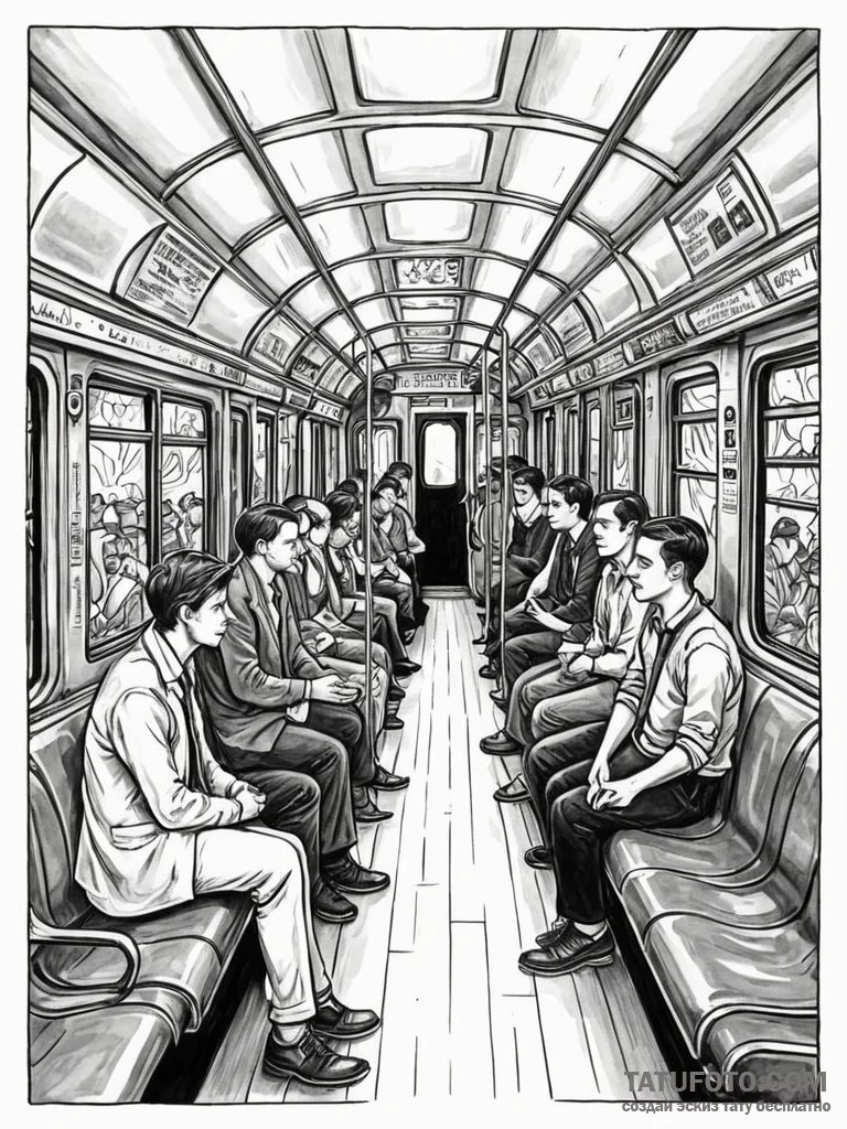 The interior of a subway car during rush hour… — эскиз тату (№1752678968_0, 16.07.2025 15:16) — Tatufoto.com