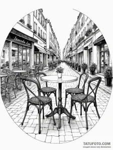 A charming parisian street cafe, with wicker... - эскиз тату (№1752683103_0, 16.07.2025 16:25) — Tatufoto.com