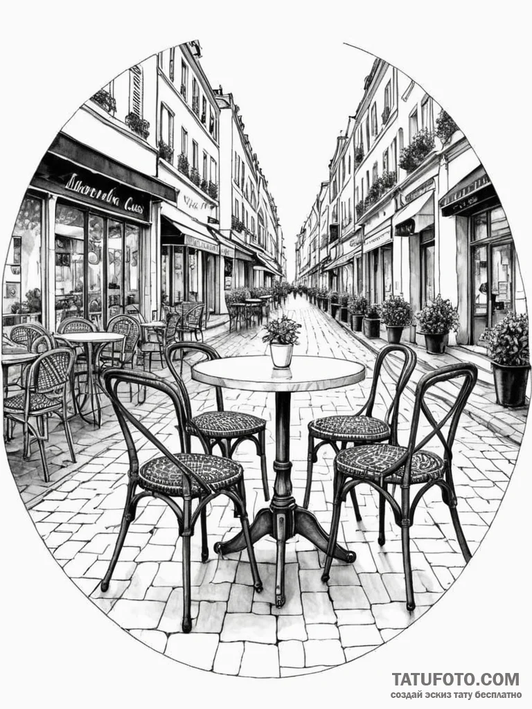 A charming parisian street cafe, with wicker... - эскиз тату (№1752683103_0, 16.07.2025 16:25) — Tatufoto.com