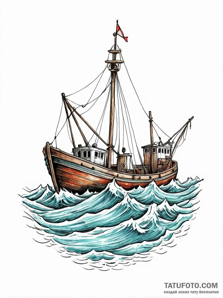 A fishing trawler on a rough sea, nets being… — эскиз тату (№1752683343_0, 16.07.2025 16:29) — Tatufoto.com