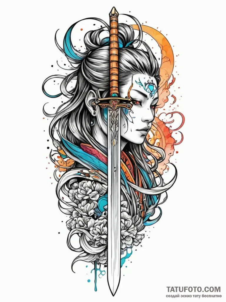 Tattoo design a samurai sword with a digital… — эскиз тату (№1752683422_0, 16.07.2025 16:30) — Tatufoto.com