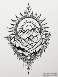 Tattoo sketch a sun rising over a mountain ra... - эскиз тату (№1752683661_0, 16.07.2025 16:34) — Tatufoto.com
