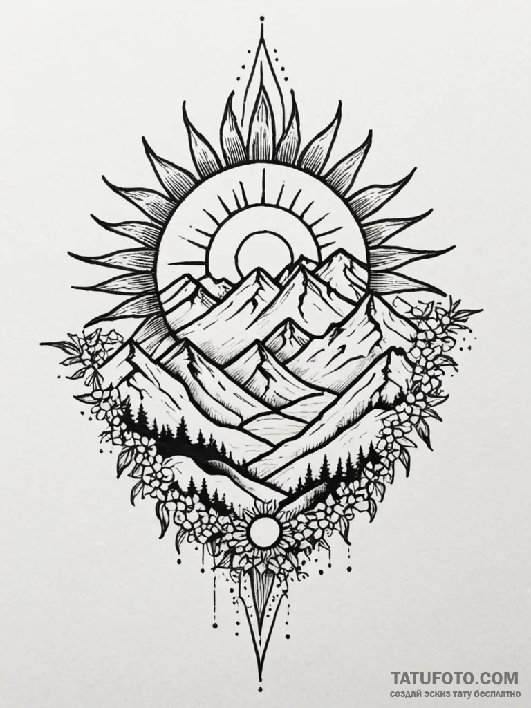 Tattoo sketch a sun rising over a mountain ra... - эскиз тату (№1752683661_0, 16.07.2025 16:34) — Tatufoto.com