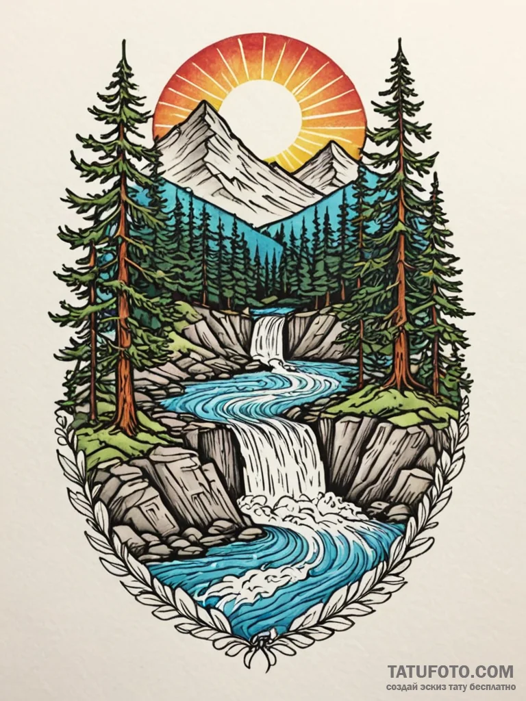 Tattoo sketch a flowing river that transforms... - эскиз тату (№1752683821_0, 16.07.2025 16:37) — Tatufoto.com