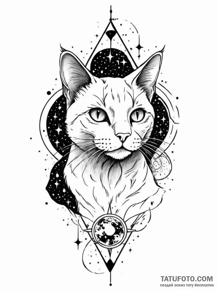 Tattoo design a silhouette of a cat, with a c... - эскиз тату (№1752684061_0, 16.07.2025 16:41) — Tatufoto.com