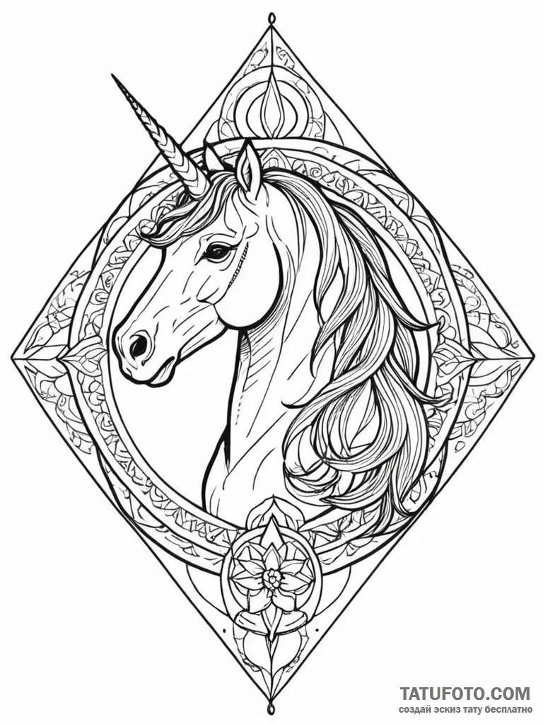 A linework tattoo of a unicorn, in a medieval… — эскиз тату (№1752684373_0, 16.07.2025 16:46) — Tatufoto.com