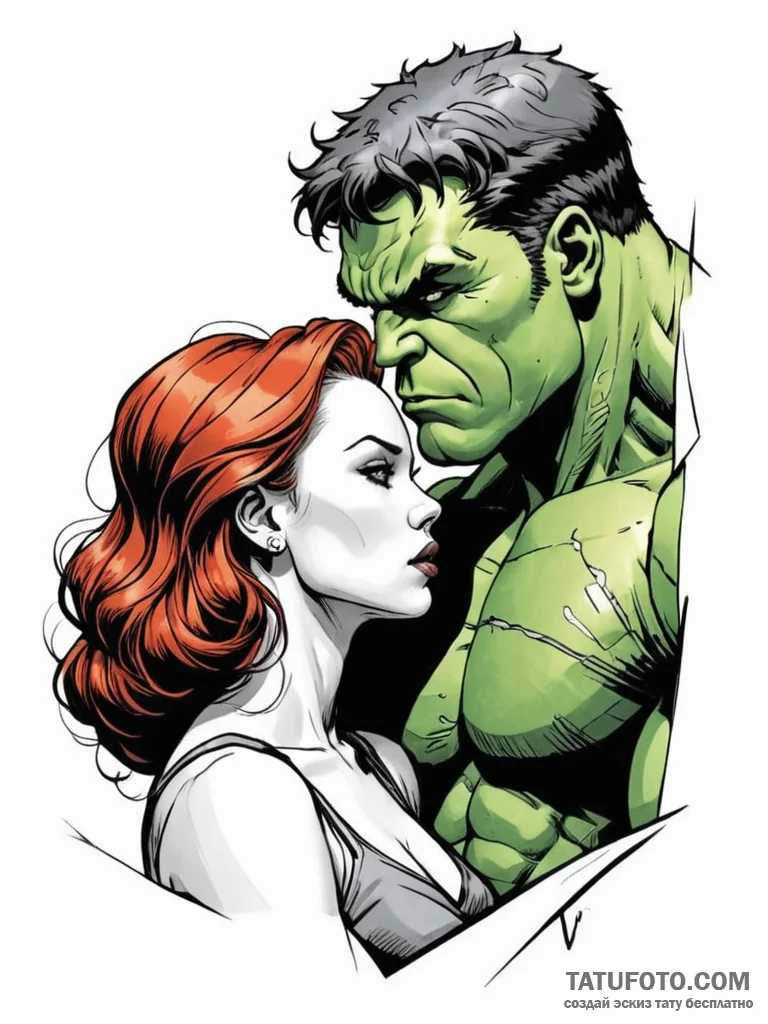 A sketch of the hulk and black widow, a quiet... - эскиз тату (№1752684926_0, 16.07.2025 16:55) — Tatufoto.com