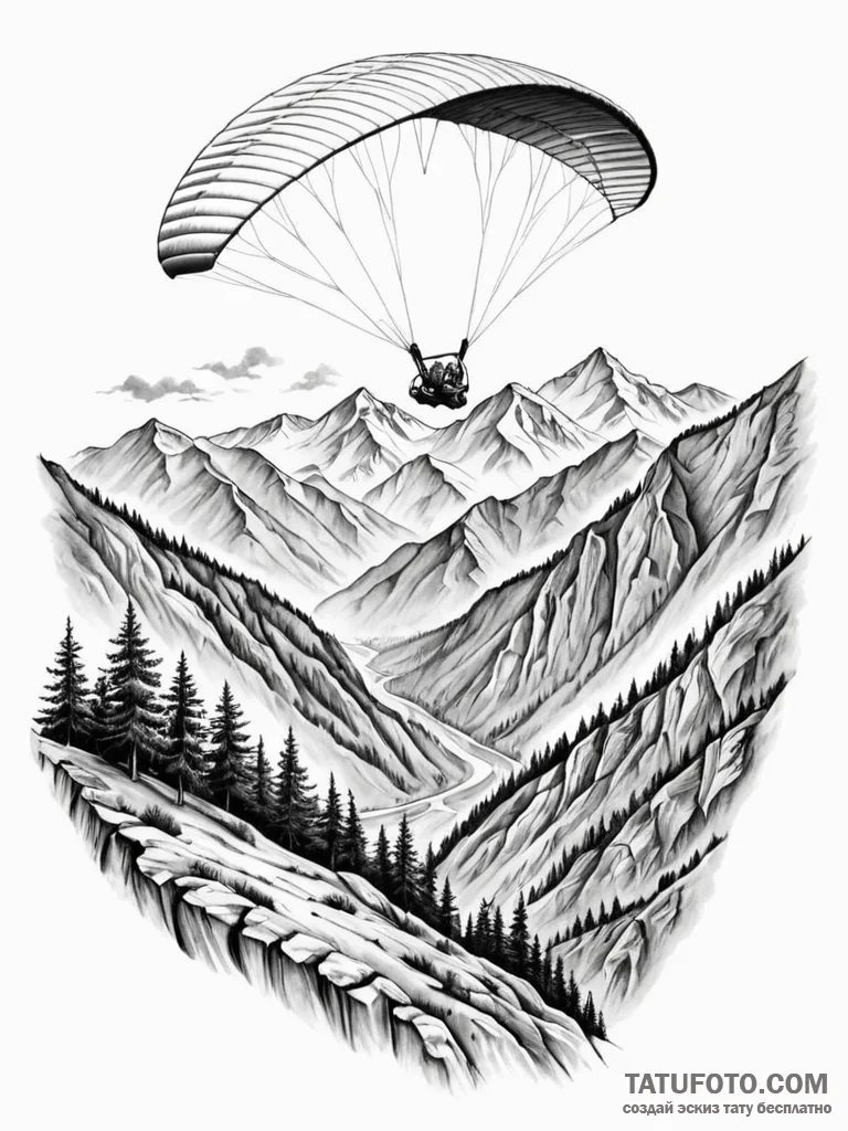A paraglider soaring over a mountainous valle... - эскиз тату (№1752685574_0, 16.07.2025 17:06) — Tatufoto.com