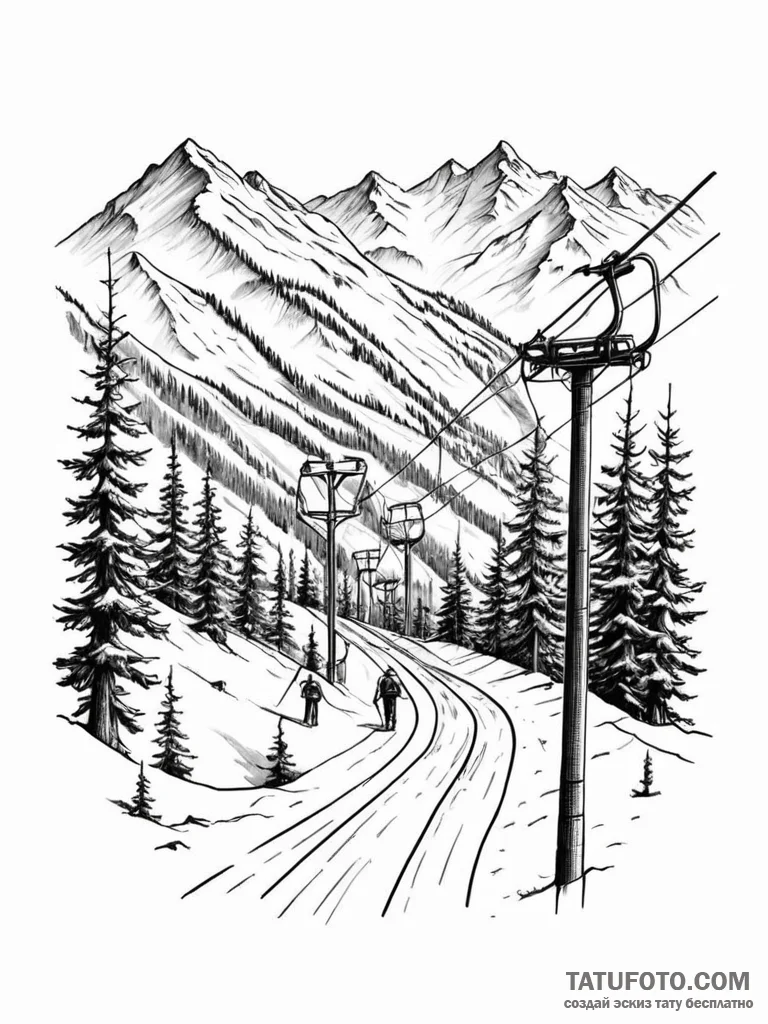 The view from a ski lift, looking down at ski… — эскиз тату (№1752686066_0, 16.07.2025 17:14) — Tatufoto.com