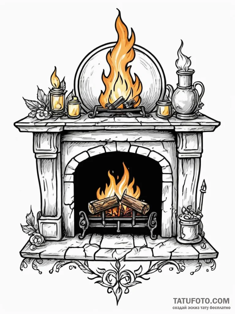 Tattoo sketch a fireplace with a cozy fire bu... - эскиз тату (№1752686558_0, 16.07.2025 17:22) — Tatufoto.com