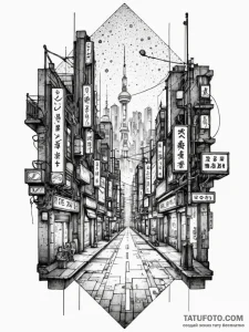 The neon-lit, cyberpunk-esque streets of a fu... - эскиз тату (№1752687542_0, 16.07.2025 17:39) — Tatufoto.com