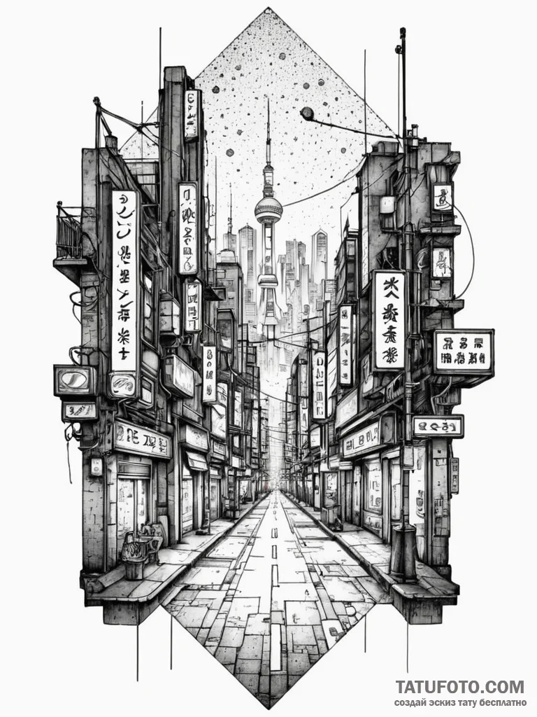 The neon-lit, cyberpunk-esque streets of a fu... - эскиз тату (№1752687542_0, 16.07.2025 17:39) — Tatufoto.com