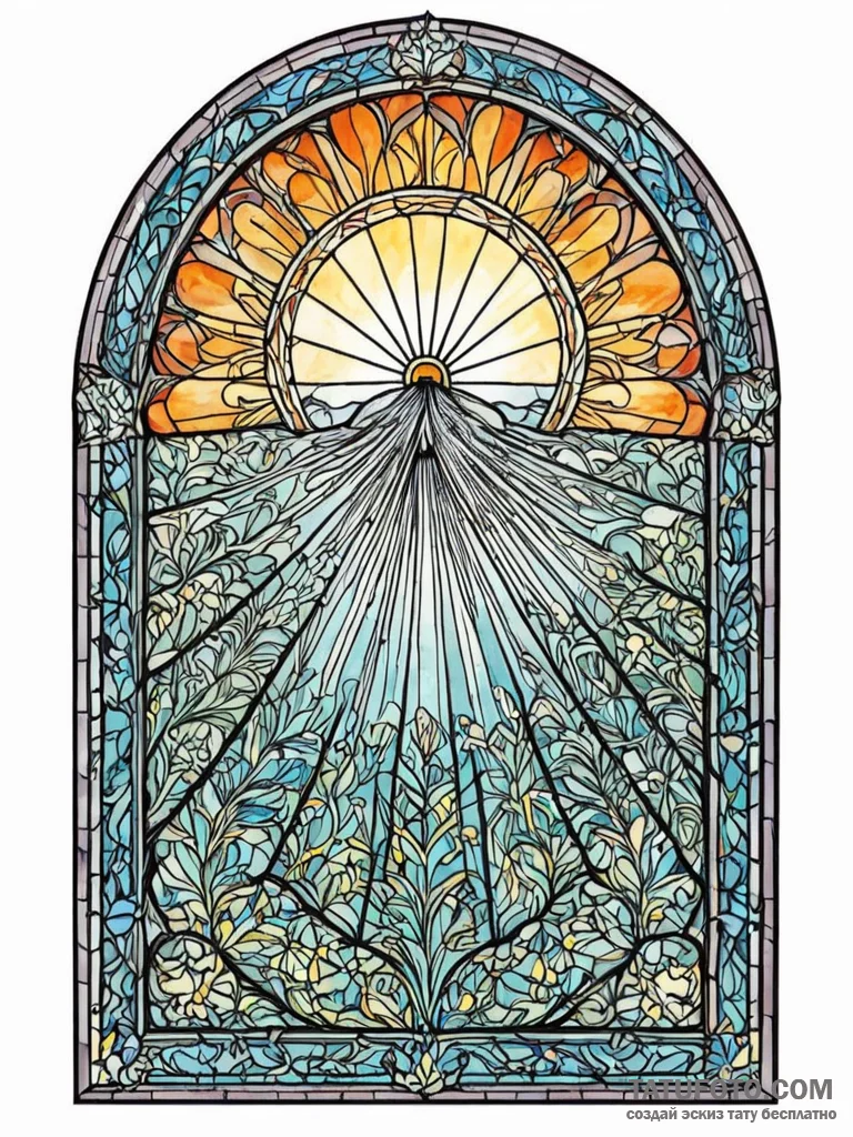 A shot of a stained-glass window with sunligh... - эскиз тату (№1752688221_0, 16.07.2025 17:50) — Tatufoto.com